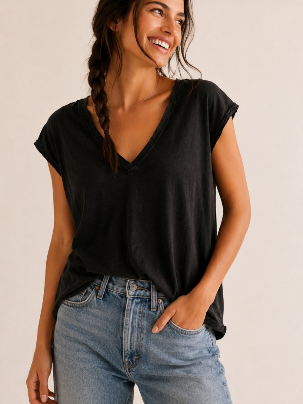 we the free by free people distressed slub cotton v-neck tee black lg